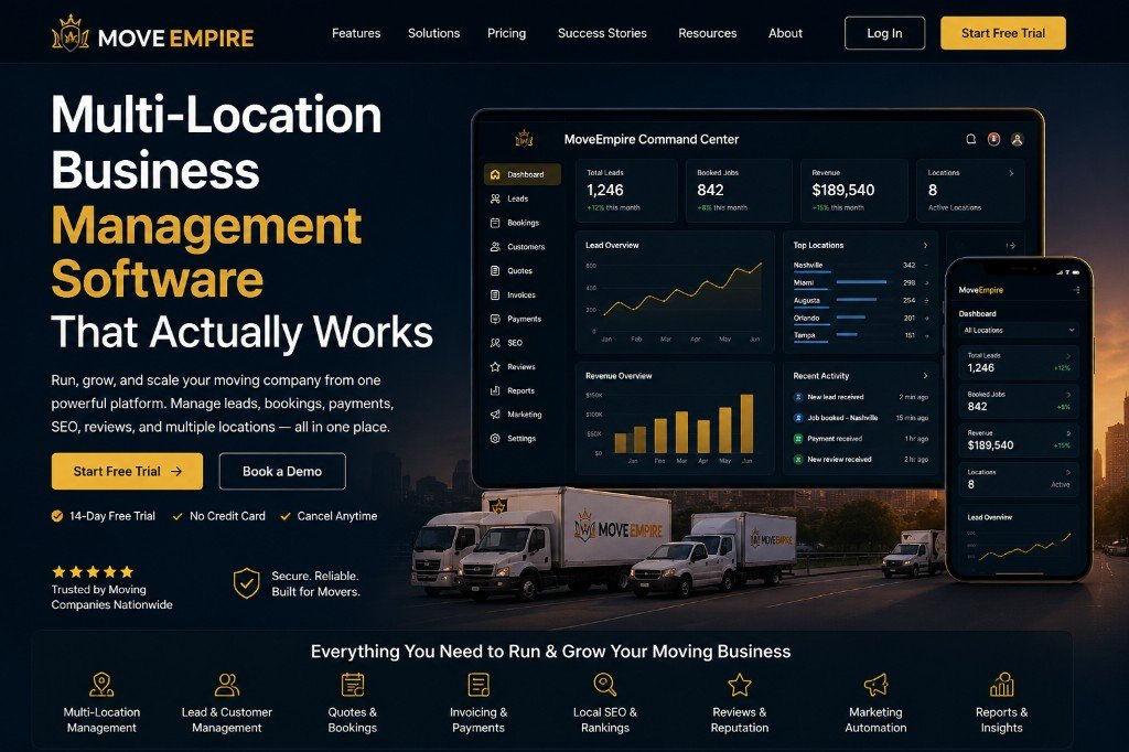MoveEmpire dashboard for moving leads, estimates, crews, and revenue